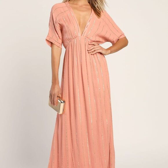 Lulus Goddess Vibes Rusty Rose Gold Striped Dolman Sleeve Maxi Dress, Large - Picture 1 of 16